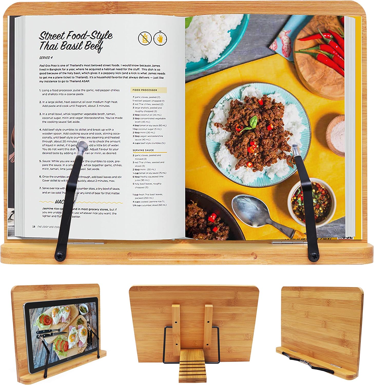 Kurtzy Bambus Kochbuchhalter mit Unterstützenden Klammern - Größe 33,5 cm x 24 cm - Leseständer mit 5 verstellbaren Neigungswinkeln - Buchhalter für Kochbuch, Rezept, iPad, Tablet und Musiknoten