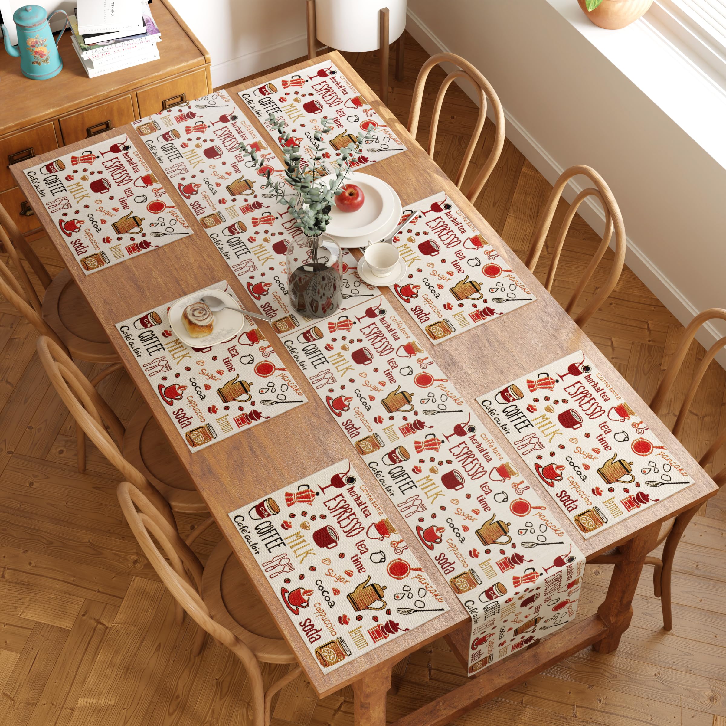 Encasa XO Boho Jacquard Set of 6 Placemats and 1 Table Runner 32x200 cm | Espresso Design | Vintage Style | Woven Bohemian Tapestry for Dining - Machine Washable