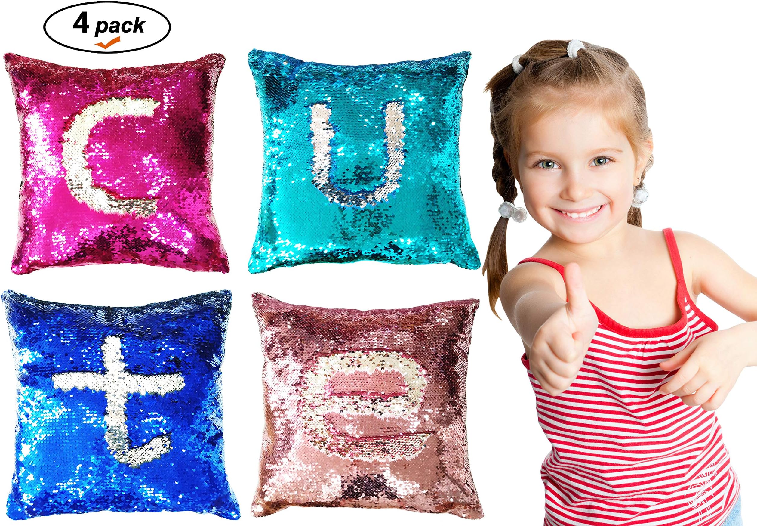 Toyme 4PCS Sequin Pillow Case Cover, Magic Sequin Pillow Cover, Throw Cushion Cover for Play and Decoration, 16" x 16"