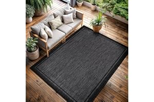CAMILSON Indoor Outdoor Rug, 9x12 Bordered Dark Grey Black Modern Large Area Rugs for Indoor and Outdoor Patios, Kitchen and Hallway Mats, Washable Porch Deck Outside Carpet (Bordered Black, 9 x 12)
