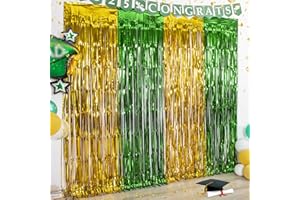 LOLStar 2 Pack Green and Gold 2025 Graduation Party Decorations, 3.3x6.6 ft Foil Fringe Curtains, Graduation Photo Booth Props Tinsel Backdrop Streamer for High School College University Party