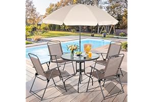 Vongrasig 6 Pieces Folding Patio Dining Set, All Weather Small Metal Outdoor Table and Chair Set, Garden Patio Furniture Set w/Umbrella, Glass Table & 4 Folding Chairs for Lawn, Backyard, Brown