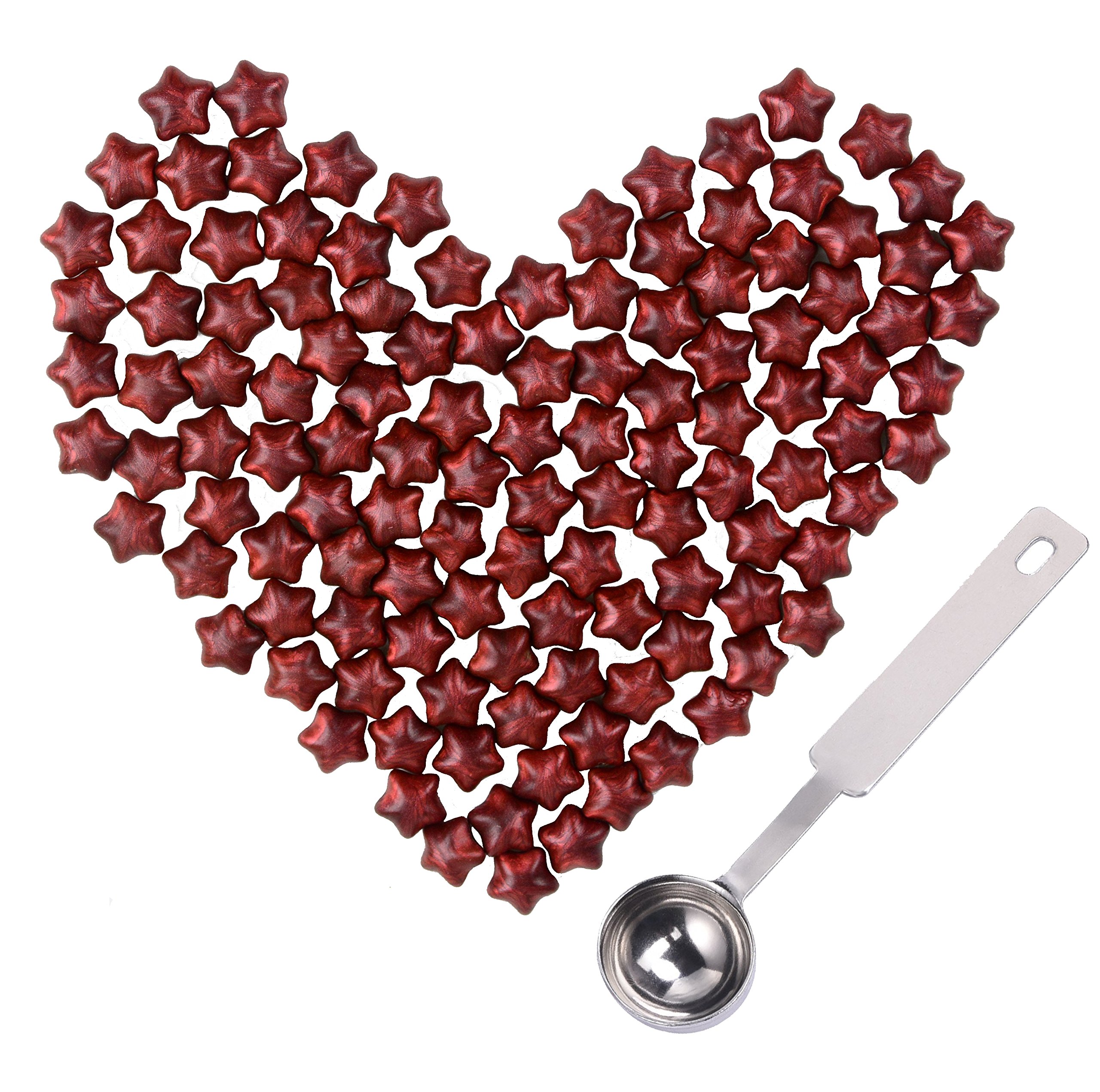 70g /120pcs European Retro Sealing Wax Beads Set Star Shape Sealing Wax Beads with Tea Light,Antique Bronze Engraved Wax Scale and Melting Spoon (New Wine Red)