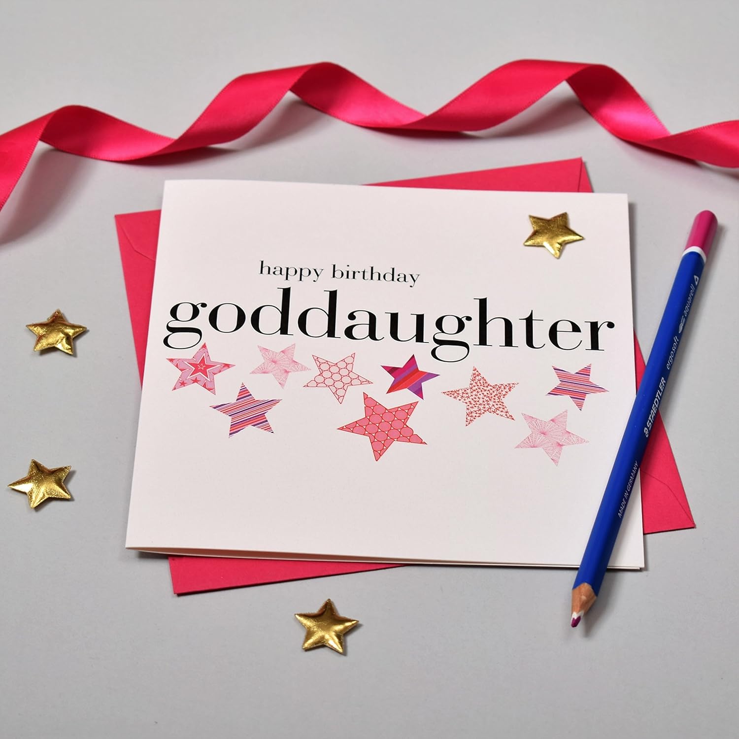 Claire Giles Greeting Cards, Happy Birthday Goddaughter Card, Pink Stars design Birthday Greeting Card - Image 4