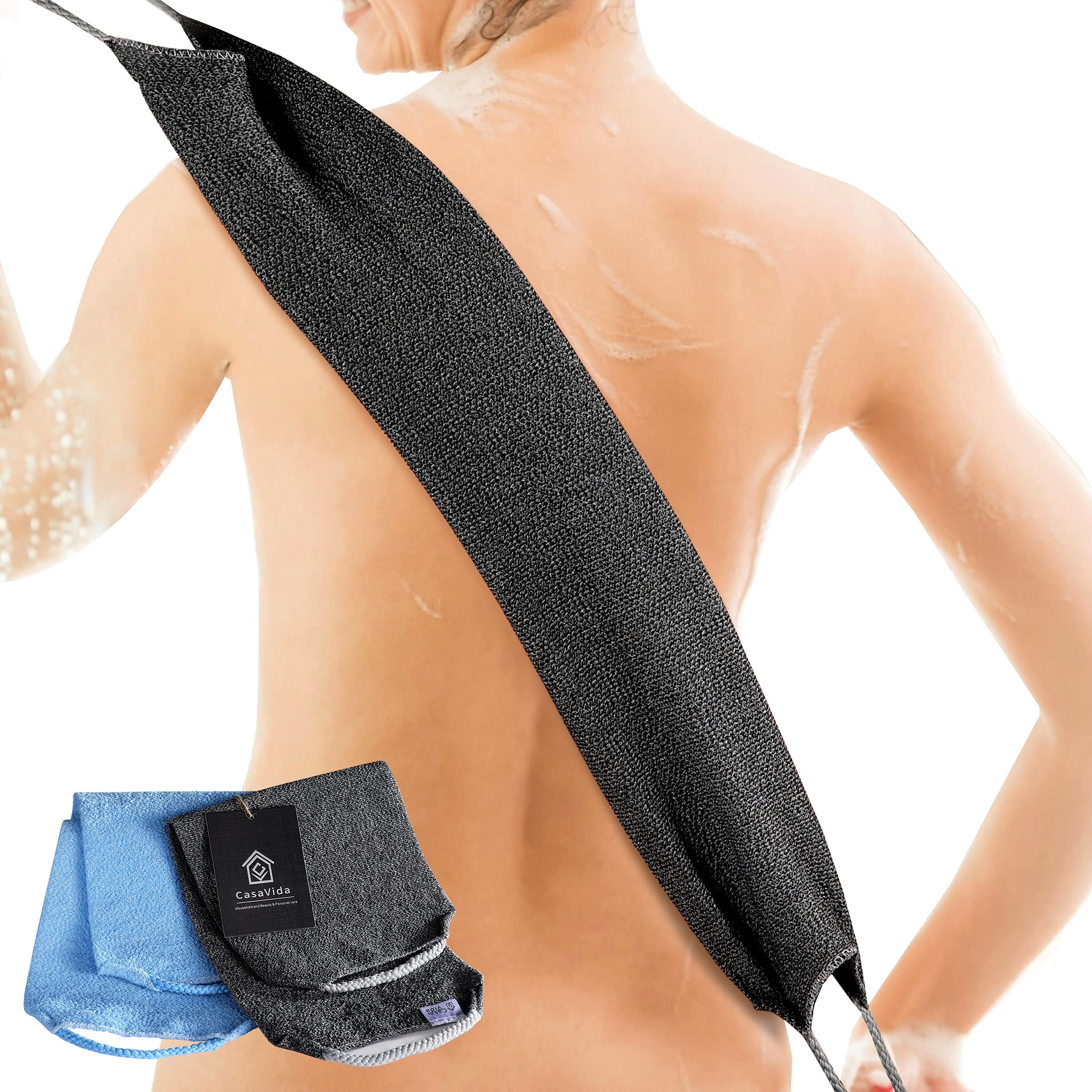 Photo 1 of CASAVIDA Back Scrubber for Shower Nylon Bath Towel Washer Exfoliating Washcloth Rear Japanese Stretchable Strap Wash Cloth Body Exfoliation 2 Pack (Blue + Charcoal Gray)