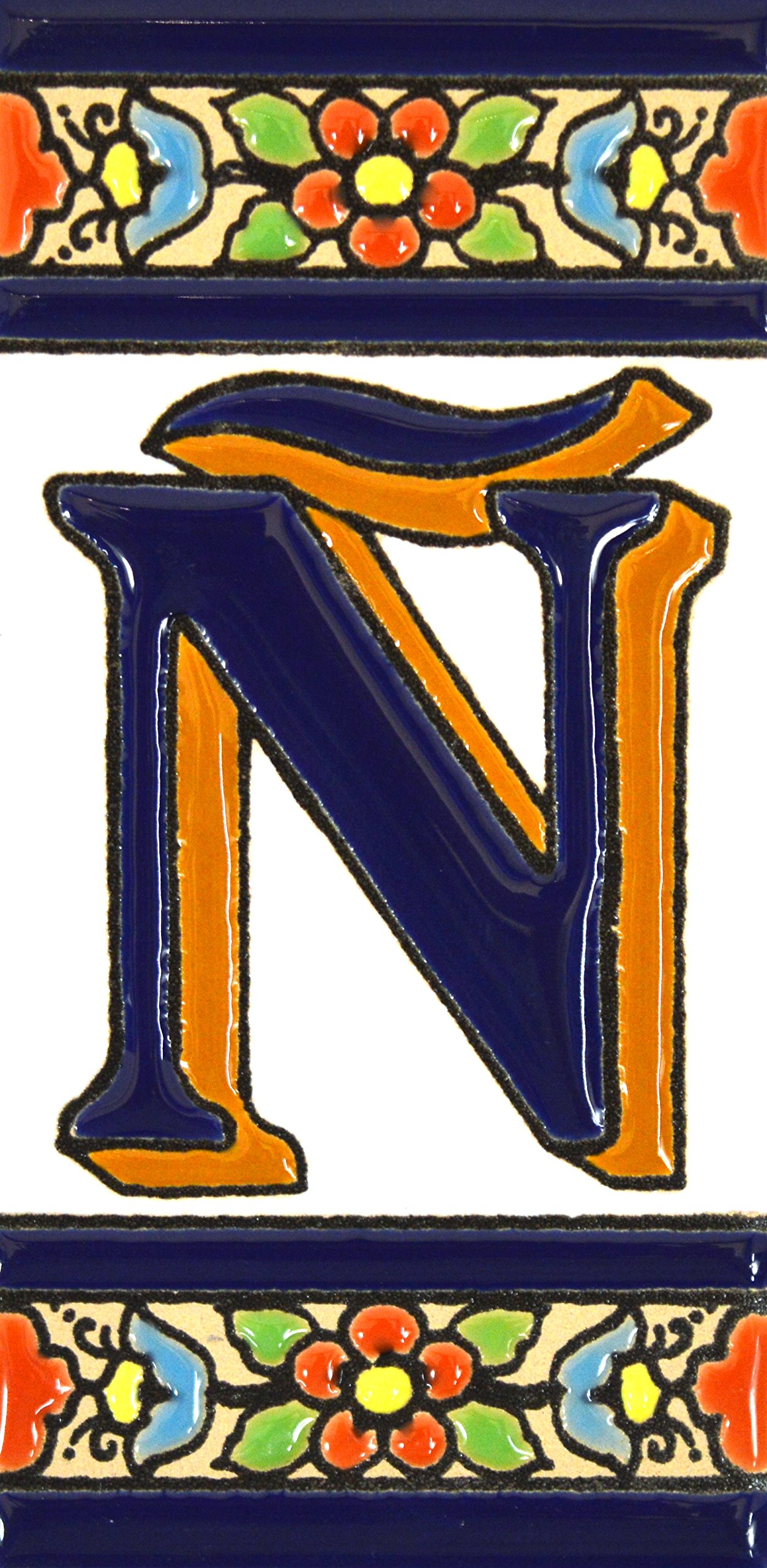 House letters 4 inch. Handpainted house letter tiles for signs, addresses and names. Address numbers for houses. House address numbers and letters. Design FLORES MEDIANO 4,29" x 2,13" (LETTER Ñ) — image 1