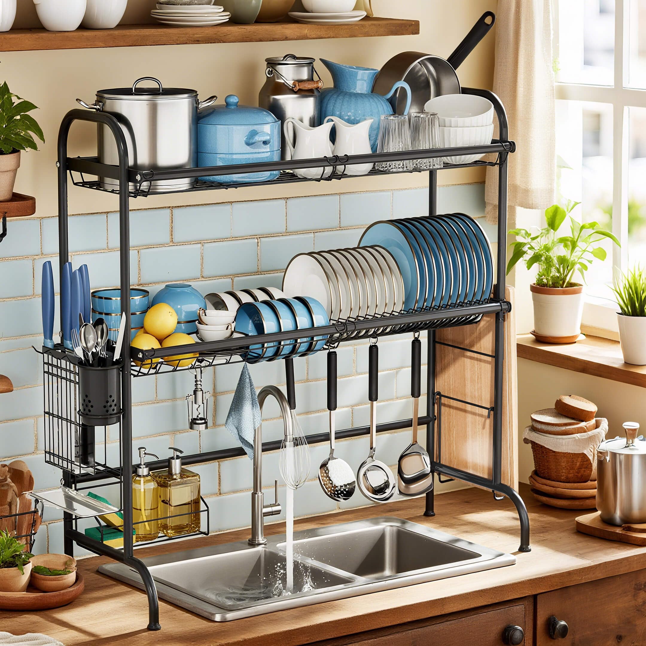 Photo 1 of MOUKABAL Dish Drying Rack - Stainless Steel Over The Sink Dish Drying Rack (Expandable Length), 2 Tier Large Dish Rack with Utensil Holder, 32.3" - 33.9"(L) x 11.4"(W) x 32.3"(H) Black