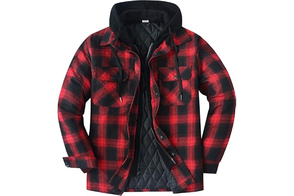 ZENTHACE Men's Thicken Plaid Hooded Flannel Shirt Jacket with Quilted Lined,Zipper&Snap
