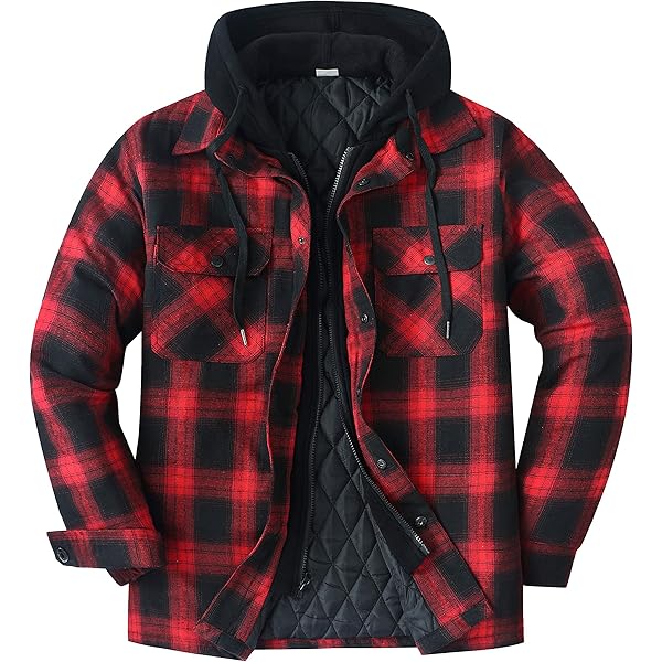 Hooded Flannel Jacket Men Sherpa Fleece Lined Full Zip Up Flannel