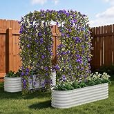 Garvee 2 Pack Raised Garden Bed with Arch Trellis for Vegetables, Beige | 2 Metal Planter Boxes (79"L x 24"W x 18"H) + 95" Tall Arch Trellis, Coated Steel, for Tomatoes &amp; Vines
