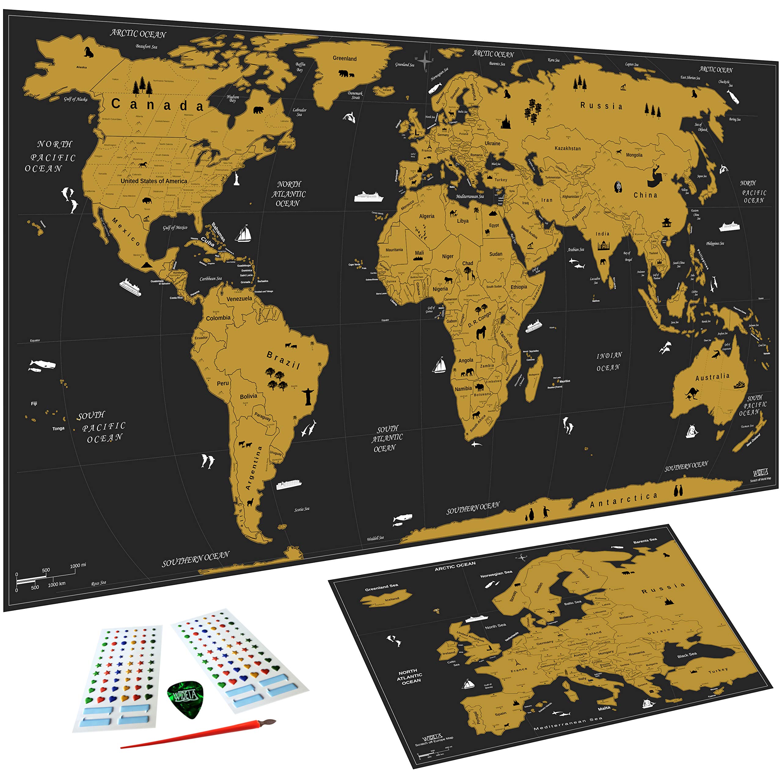 WIDETA Scratch off world map (82 x 43 cm), Including Europe map and accessories