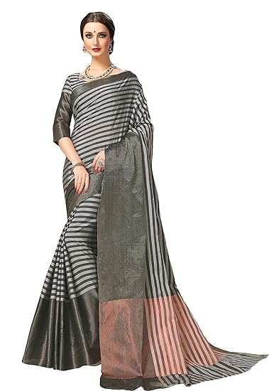Womens Chanderi Silk Saree With Blouse Piece (jari136_Grey & Black)