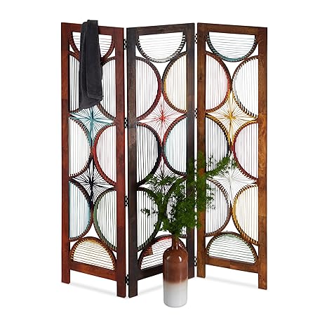 Native Home Paravent Bunt, 3-teilig, Faltbar, freistehend, aus Holz, Innenbereich, Raumteiler, H x B 180 x 150 cm, Braun