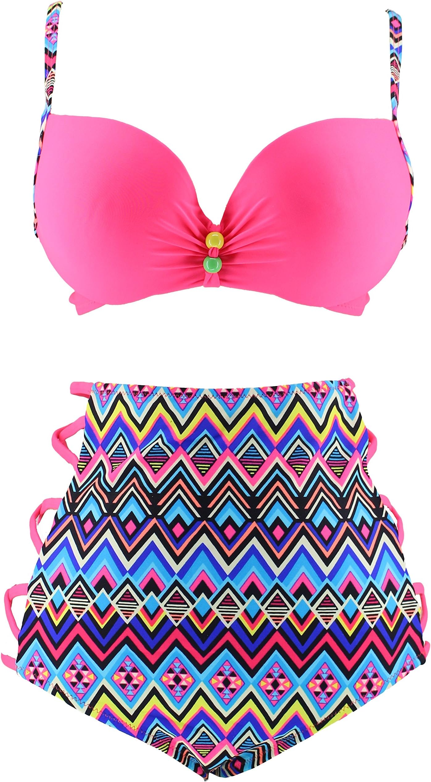 Fanssie Elegant Retro Vintage High Waist Geometric Bikini Swimsuit (M,Hot pink)