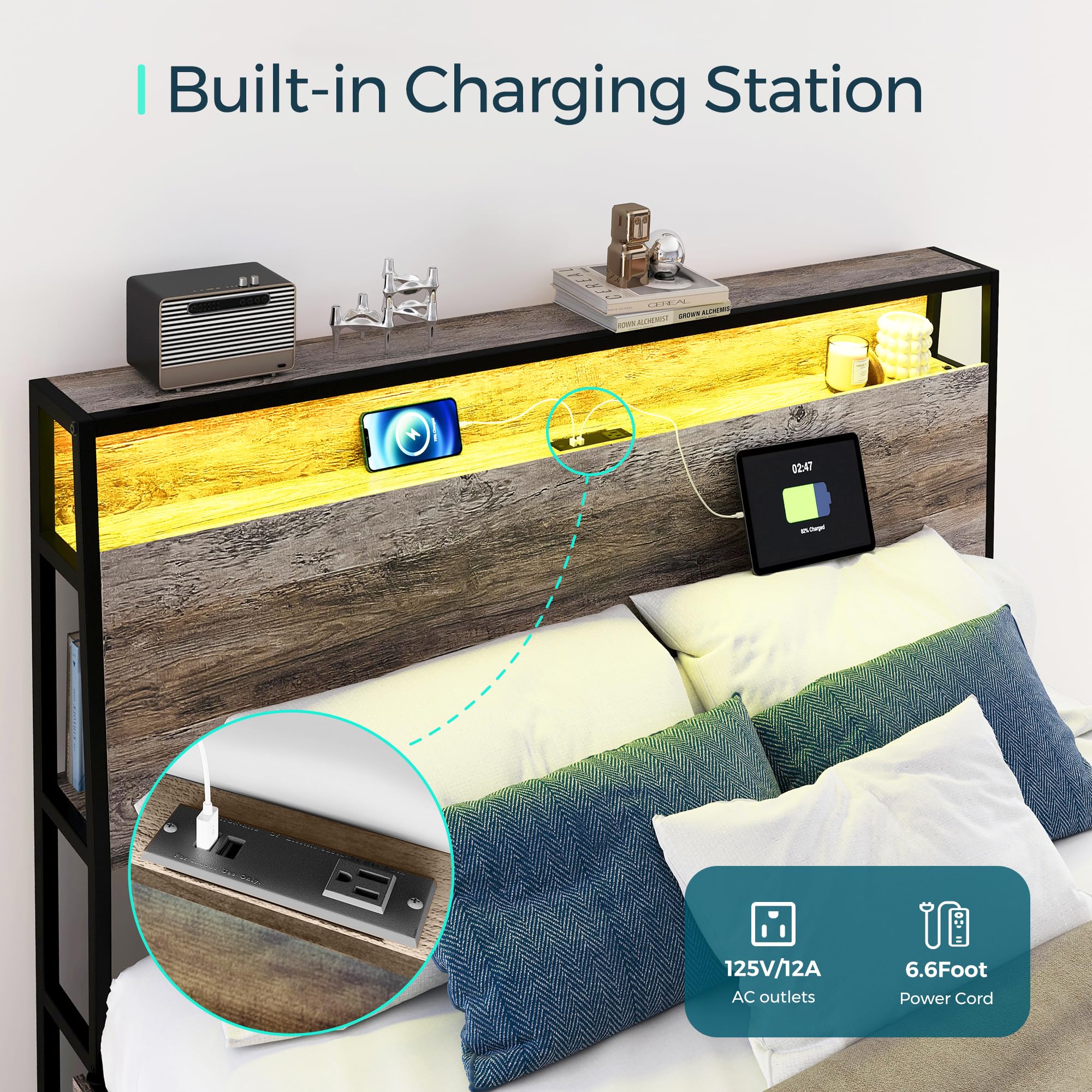 LINSY Full Bed Frame with Storage, Ergonomic Headboard, 14 inch Fast Assembly Metal Bed with Lights, Outlets & USB, Full Size, Noise Free, No Box Spring Needed, Greige