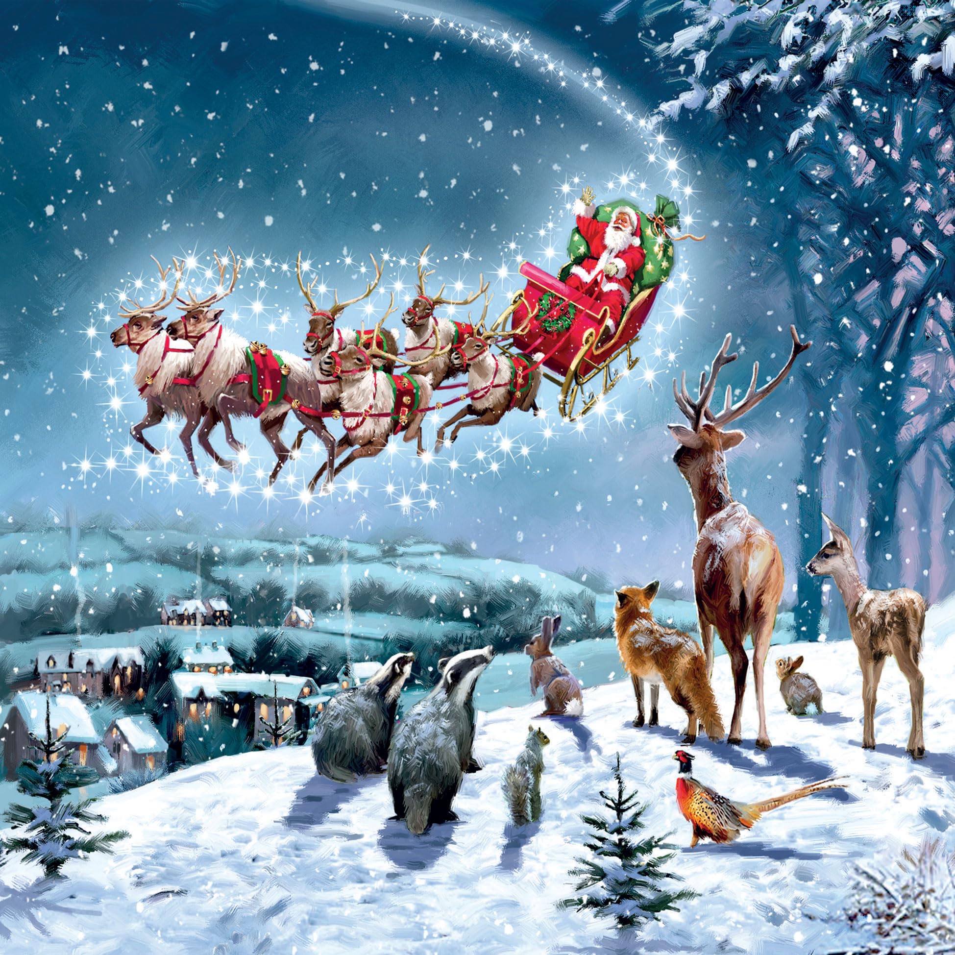 Magical Xmas Santa Sleigh & Reindeers Fly By Watched by Forest Friends - Pack of 5 Charity Christmas Cards - Sold in Aid of Marie - XPS037 (Magical Xmas)