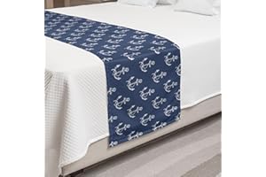 Ambesonne Nautical Bed Runner, Continuous Pattern of Ship Anchor Silhouettes Marine Striped Design, Decorative Accent Bedding Scarf for Hotels Homes and Guestrooms, Queen, Blue White