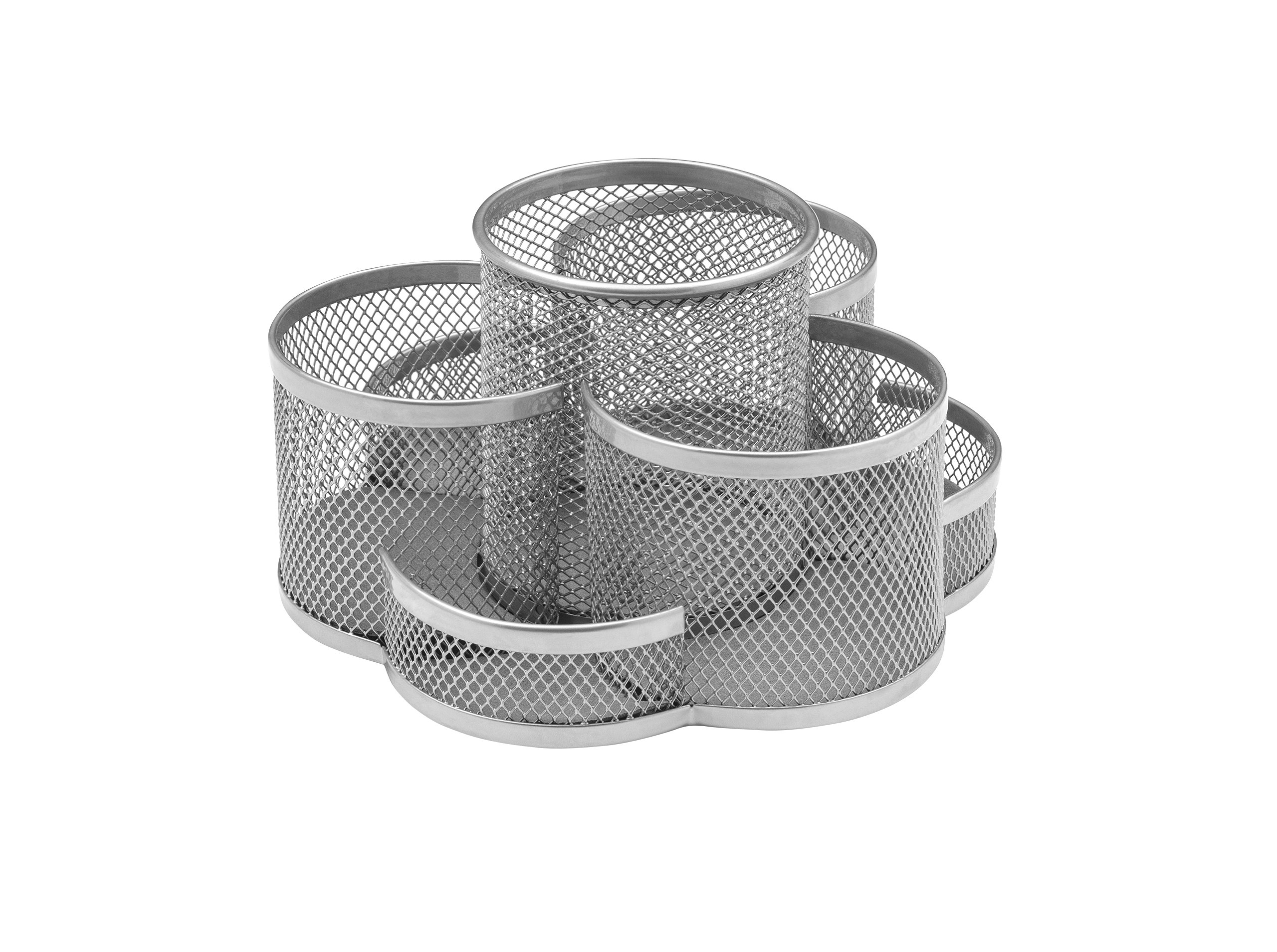 OSCO Wire-Mesh Rotating Pen Pot, Desk Organiser 360° Revolving Base 7 Compartments, Metal Mesh Desk Caddy for Pens, Pencils, Scissors & Office Supplies, Silver