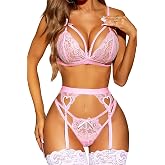 RSLOVE Women Lingerie Set with Garter Belt | Heart Cutout Lace Design, Adjustable Fit, Soft Stretch Fabric, 3 Piece Romantic Lingerie Set