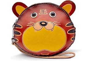 XYC INNOVATION Handmade 3D Cute Animal Cartoon Leather Cowhide Coin Purse, Wallet, and Key Case - Zippered Pouches with Wristband Clutch for Easy Hand-Holding and Gift Giving New Coin Purse (Pancake Tiger Brown)