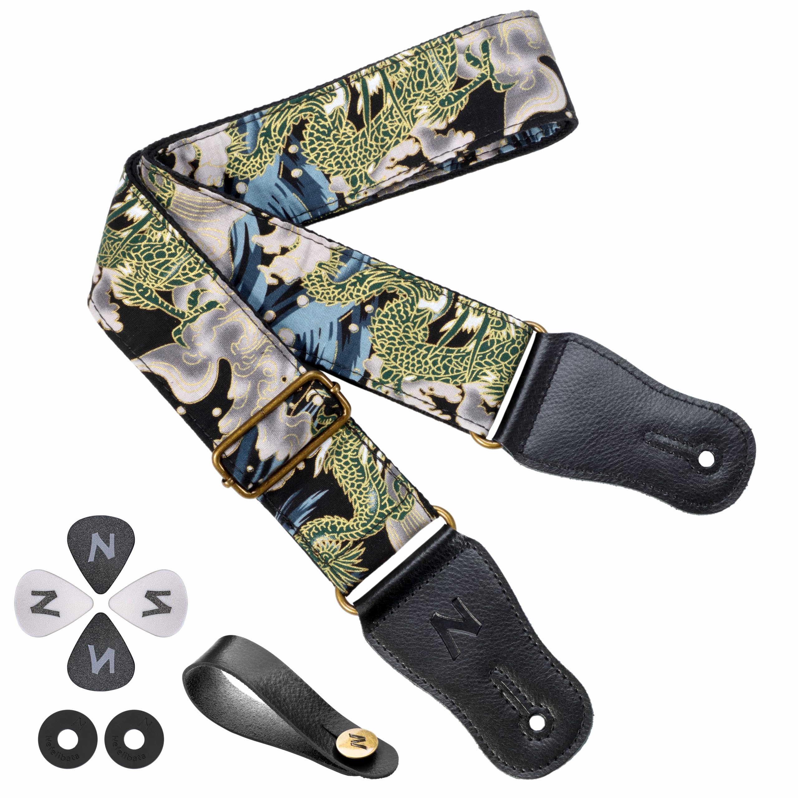Nefelibata Japanese Cotton Guitar Strap for Acoustic Guitar, Ukulele, Free Headstock Strap Adapter with Buckle, Guitar Picks and Strap Lock(Dragon Pattern)