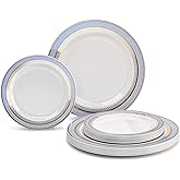 " OCCASIONS " 50 Plates Pack (25 Guests)-Heavyweight Wedding Party Disposable Plastic Plate Set -25 x 10.5'' Dinner + 25 x 7.5'' Salad/dessert plates (Louvre in White w/Blue & Gold)