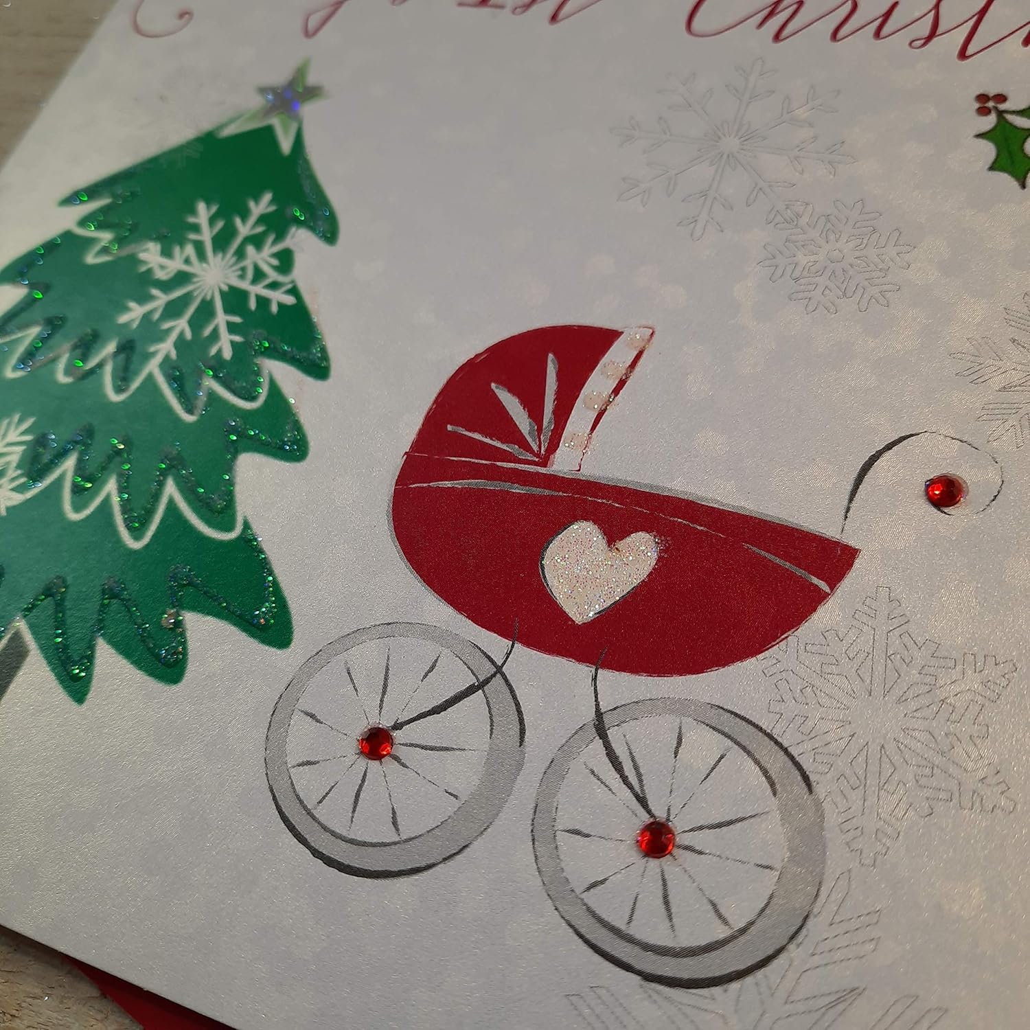 White Cotton Cards Baby's First Handmade Christmas Card (Tree & Pram Code cb40), 16cm x 16cm - Image 4