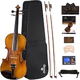 Cecilio Full Size 4/4 Violin with Hard Case &amp; Shoulder Rest - Solidwood Ebony Fitted Violin with Premium Strings, Ideal for Beginners