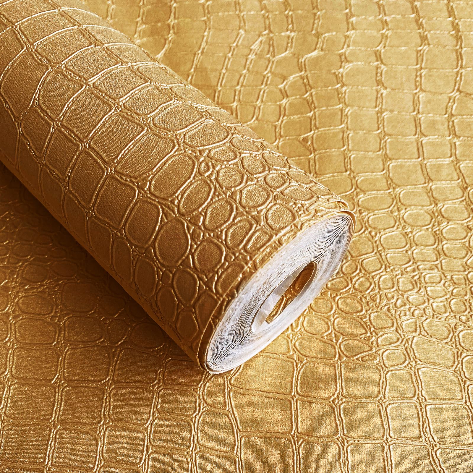 Gold Crocodile Textured 3D Luxury Wallpaper - 17.7'' x 236.3'' Waterproof Removable Art Deco Mural for Bedroom