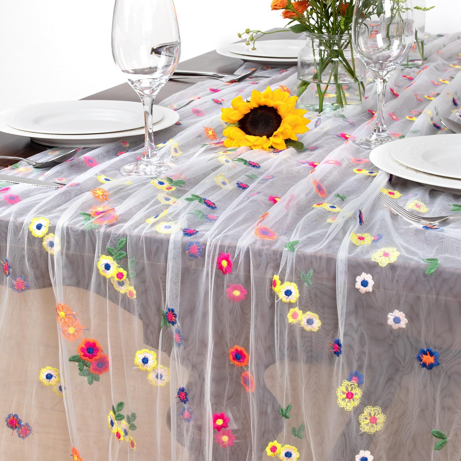 Photo 1 of 1 Pack Ivory Embroidery Daisy Summer Gauze Table Runner 108 Inch 9FT, Floral Cheesecloths Dining Table Runner for Wedding Decor Party Baby Bridal Shower Brithday