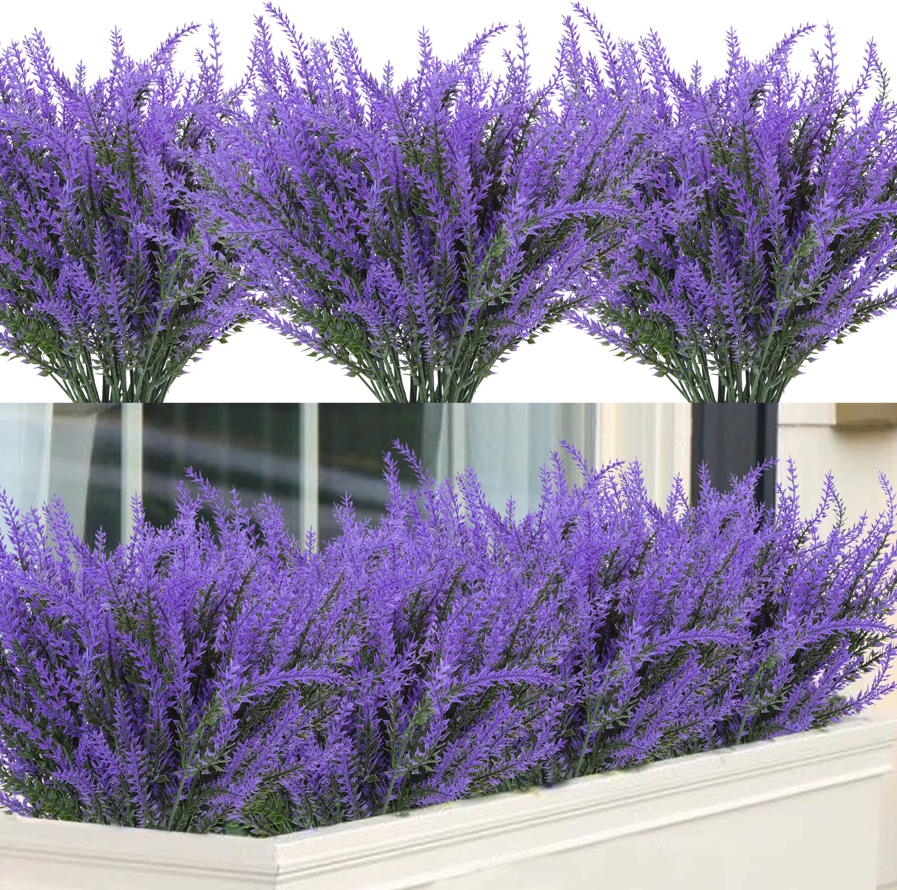 Photo 1 of Ouddy Decor 12 Bundles Artificial Lavender Fake Flowers Faux Plastic Plants for Home Wedding Kitchen Garden Patio Window Box Office Table Centerpieces Indoor Outdoor Decor, Purple