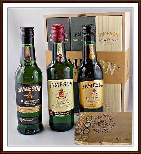 3 x 200ml Jameson irischer Whiskey im Holzkistchen und 45 DreiMeister Edel Schokoladen, kostenloser Versand
