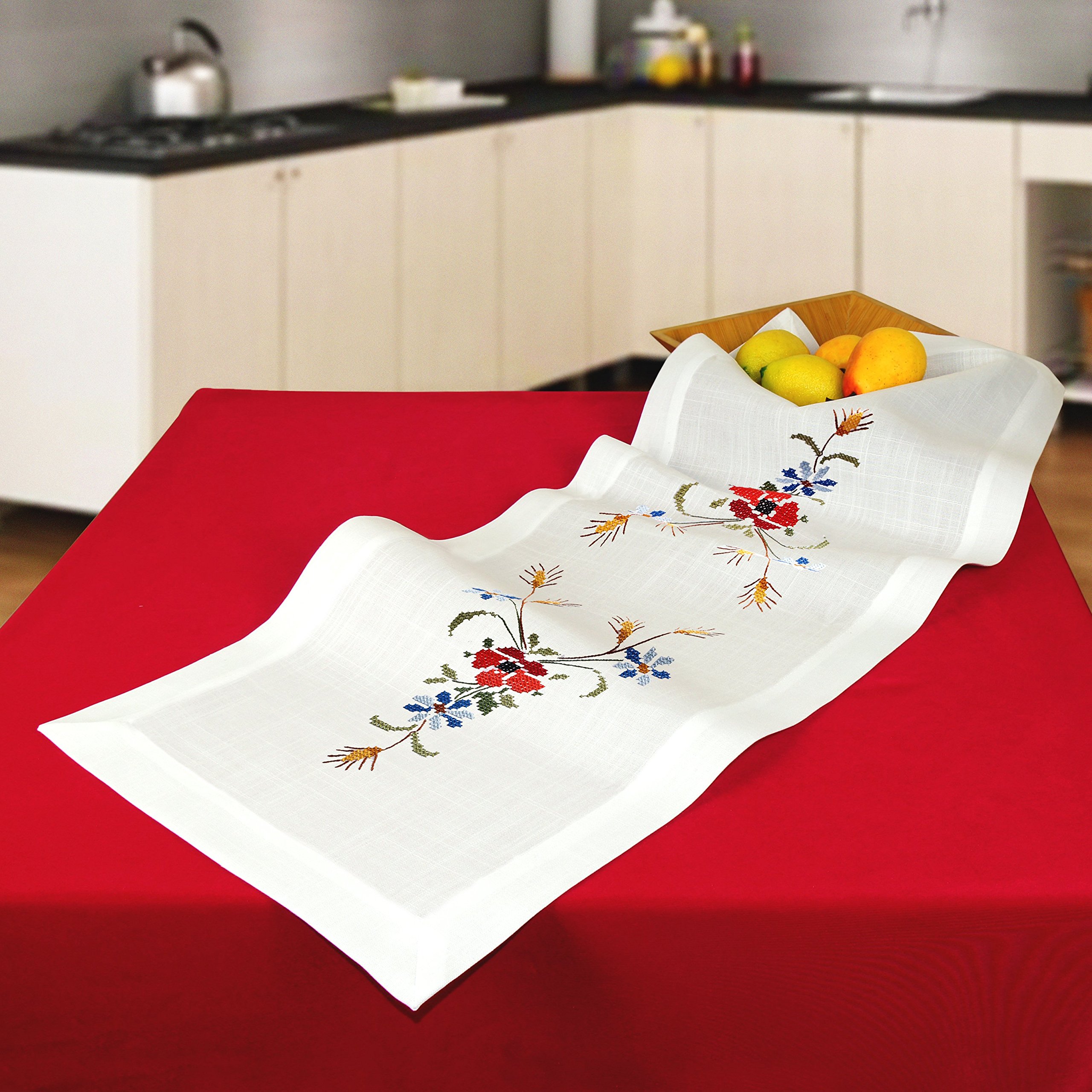 Table Runner Embroidery Kit with Carpet of Flowers Design with Poppies and Cornflowers 40 x 100 cm Pre-Printed Cross Stitch Pattern 100% Cotton Thread High Quality