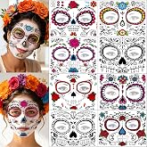 Day of the Dead Face Tattoos 8 Sheets - Halloween Temporary Tattoos Sticker Kit Día de Los Muertos Glitter Red Roses Skeleton Sugar Skull Fake Tattoo for Halloween Makeup on Face Body