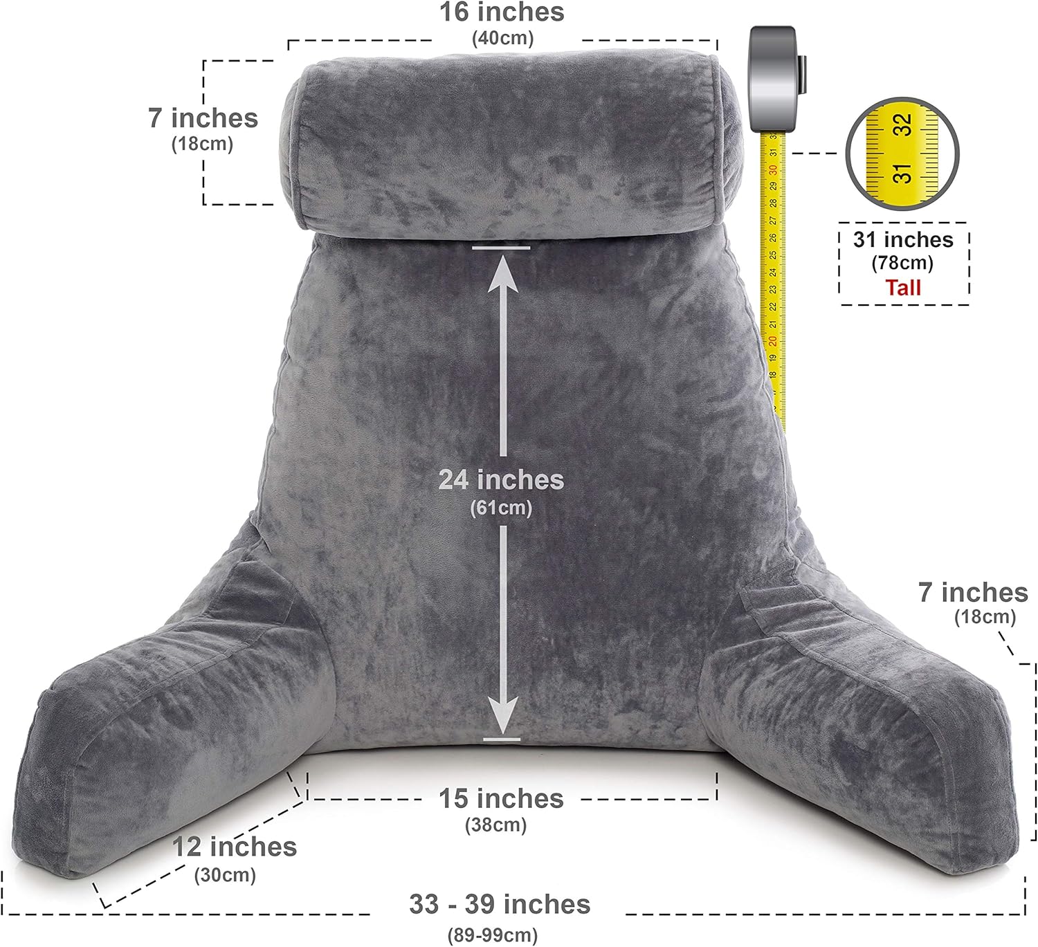 Husband Pillow - Dark Grey, Big Backrest Reading Bed Rest Pillow with Arms, Plush Memory Foam Fill, Remove Neck Roll Off Bungee, Change Covers, Zipper On Shell of Bed Chair for Adjustable Loft: Home & Kitchen