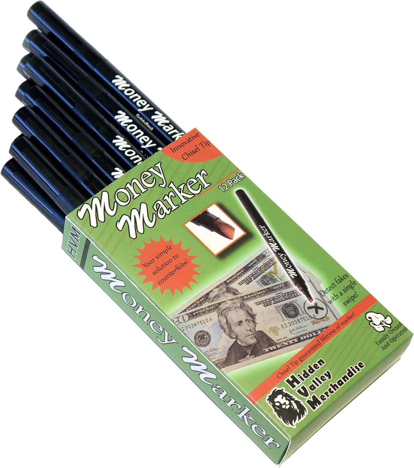 Money Marker (12 Pens) --- Counterfeit Bill Detector Pen with Upgraded Chisel Tip - Detects Fake Counterfit Bills, Universal Currency Detectors Pack : Office Products