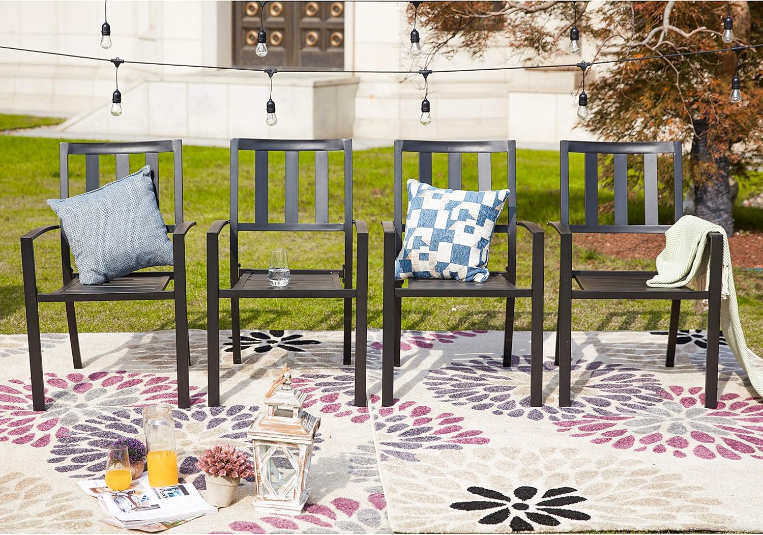LOKATSE HOME Steel Outdoor Patio Dining Arm Chairs Set of 4 for Garden, Backyard, Kitchen, Balcony, Black : Garden & Outdoor