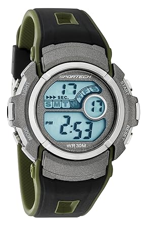 Sportech Mens/Kids | Classic Black & Military Kaki Green Digital Water Resistant Sport Watch | SP10116