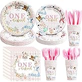 Owelleny Alice First Birthday Party Supplies Girl - Alice Theme 1st Birthday Decorations Tableware, Paper Plate, Napkin, Cup, Disposable Cutlery, 24 Guests