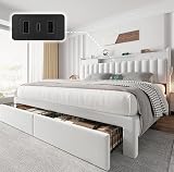 CypBed King Size Bed Frame with 4 Storage Drawers,Velvet Upholstered Platform King Bed Frame and Headboard, 3 USB & Type-C Charging Ports, Solid Wood Slats, No Box Spring Needed, No-Noise, White,Gifts