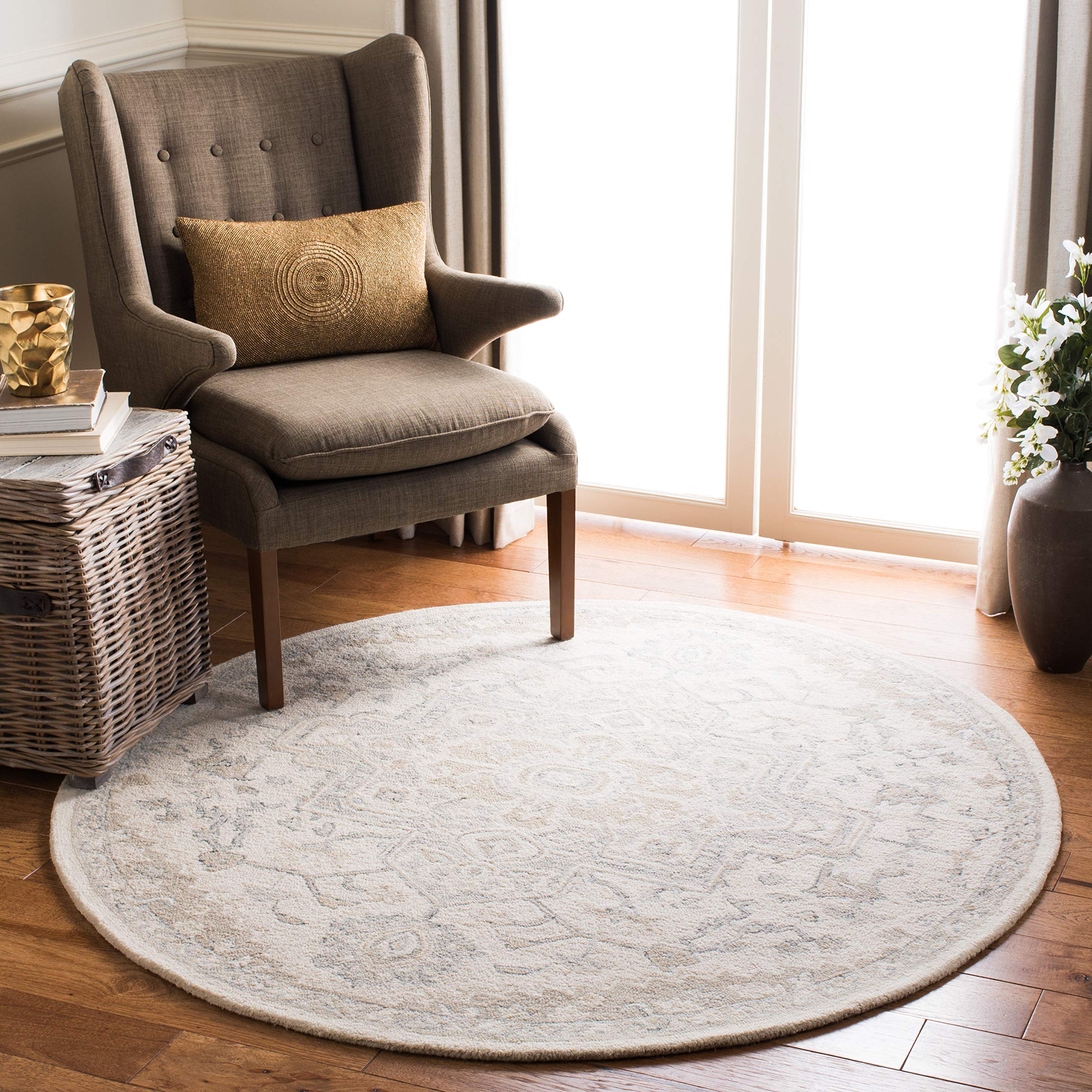 SAFAVIEH Micro-Loop Collection Area Rug – 11′ Round, Ivory & Beige, Handmade Shabby Chic Medallion Wool, Ideal for High Traffic Areas in Living Room, Bedroom (MLP503B)