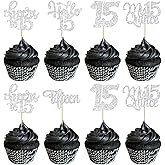 30Pcs 15th Birthday Cupcake Toppers Fifteen Cupcake Picks Cheers to 15 Years Old Mis Quince 15 Cake Decorations for 15th Birthday Anniversary Party Silver Glitter