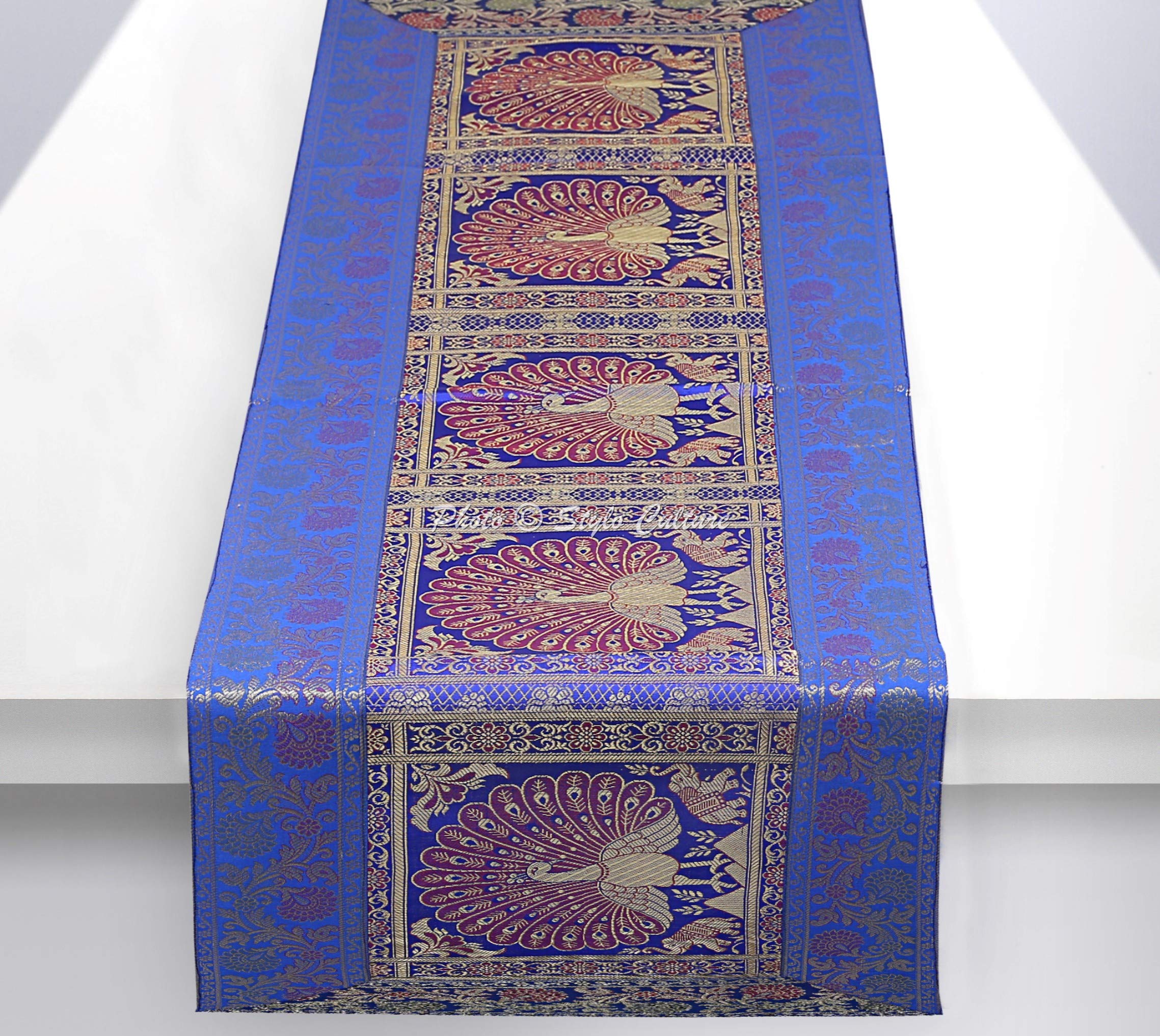 Stylo Culture Indian Dining Room Table Runner Dark Blue Gold Dancing Peacock Floral Brocade Jacquard Rectangle Home Decor Bohemian Dining Table Cloth | 60x16 Inches ( 152 x 40 cm)