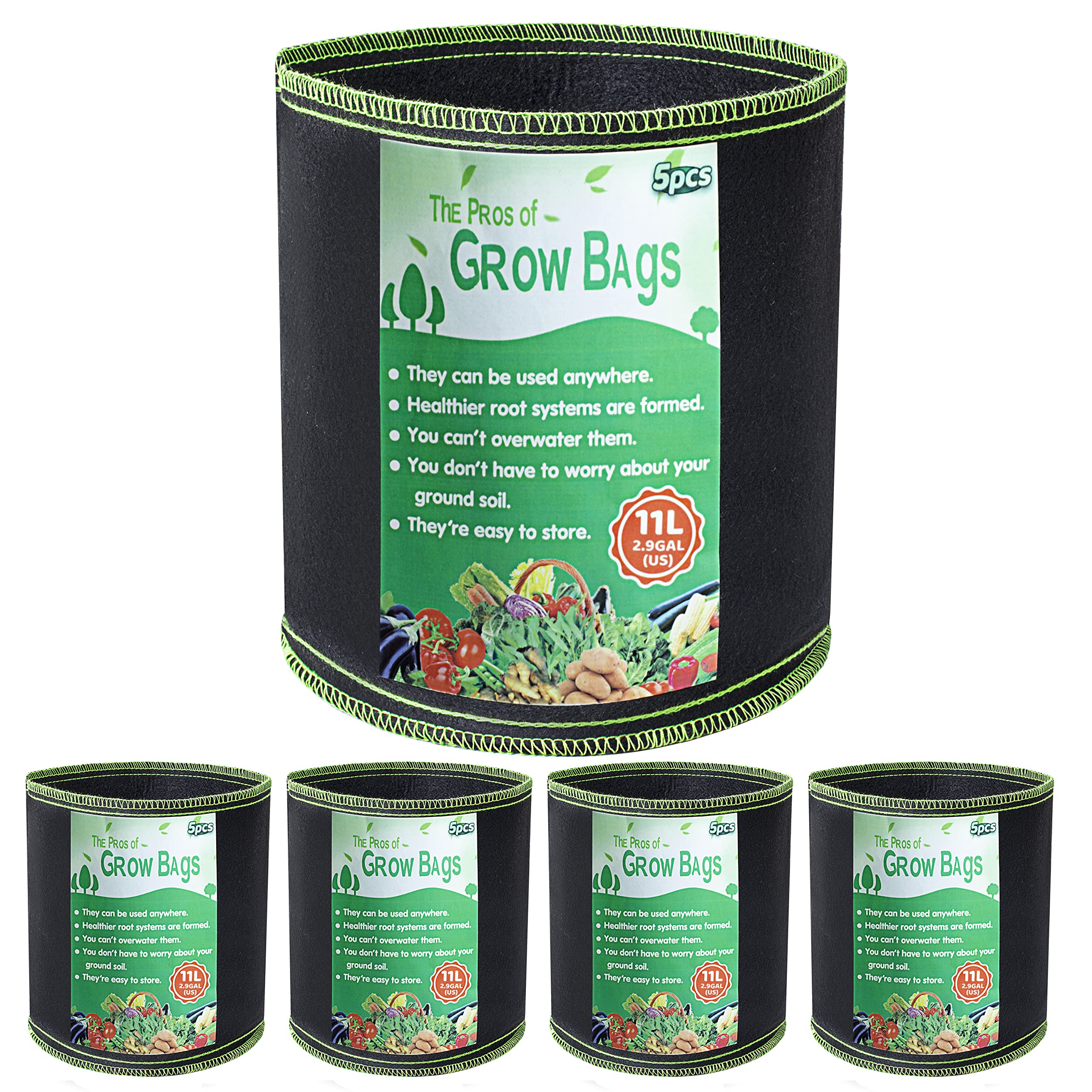 Growerz 11L (DIA25 x H22cm) Fabric Grow Pot – Durable Non-Woven PET Plant Container for Air Pruning, Root Health & Drainage – Reusable Pot for Indoor/Outdoor Gardening
