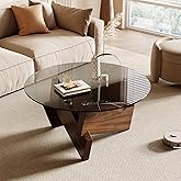 Honyee Modern Round Coffee Table, 30.7" x 30.7" x 16.1" Tempered Glass Top for Living Room, Color: Walnut
