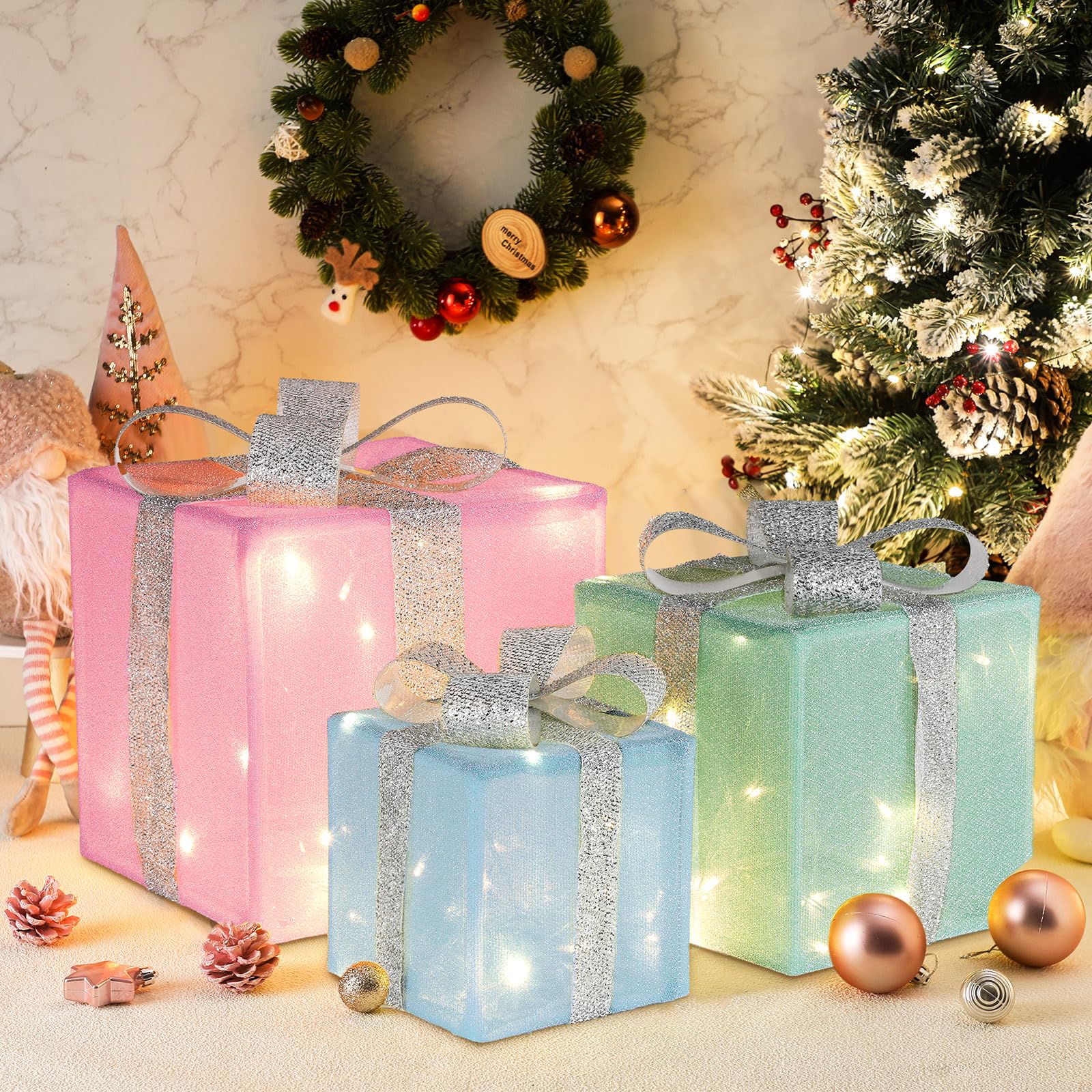 Photo 1 of ***MISSING PART***Threehoney 3 Pcs Pastel Christmas Lighted Gift Boxes Decoration Light up Present Christmas Packages with 8 Lighting Modes Candy Color LED Night Light Xmas Decor Outdoor Indoor for Under Tree Holiday