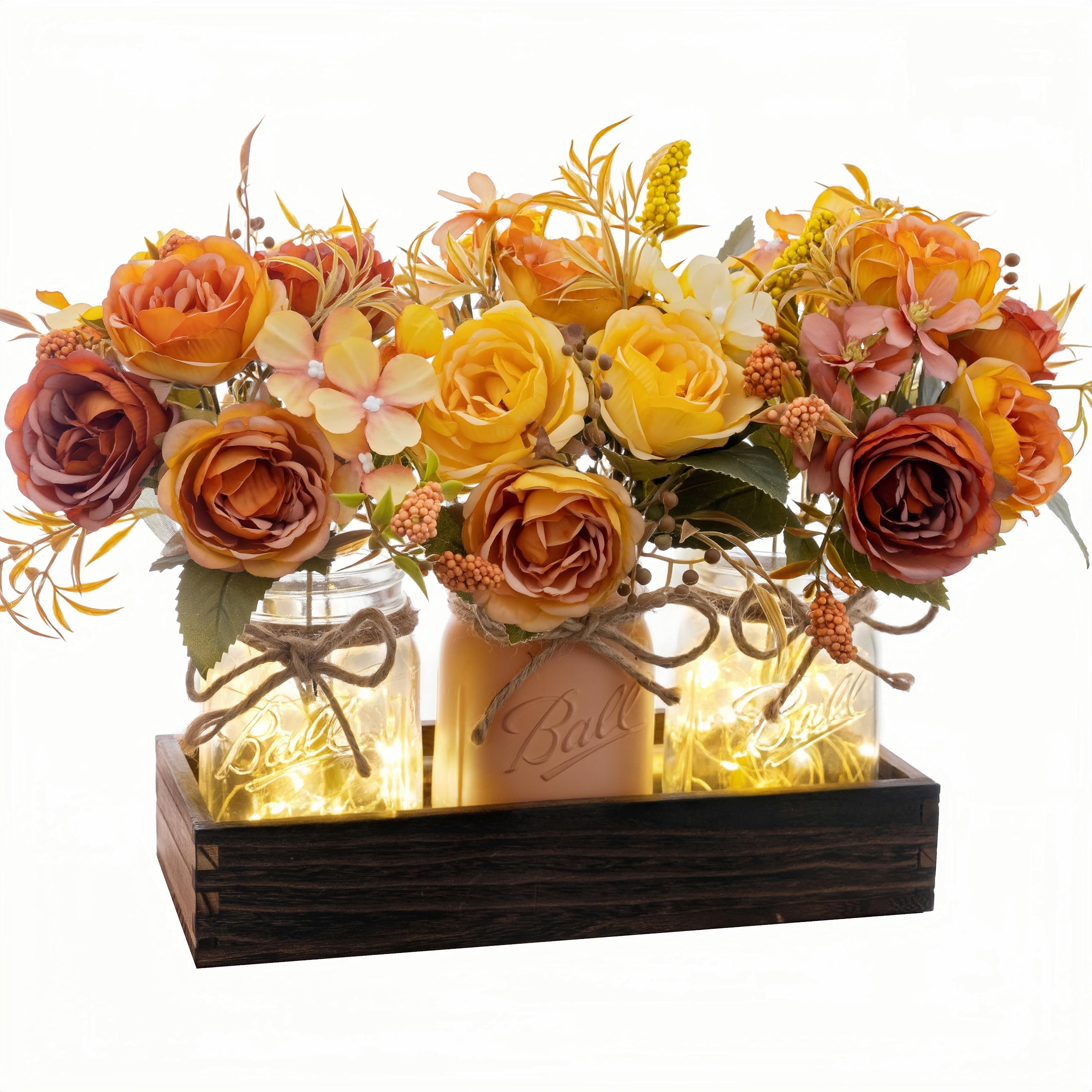 Photo 1 of 3PCS Artificial Fall Flowers in Mason Jars with Rustic Wood Tray – Orange & Yellow Faux Floral Centerpiece Table Decorations, Farmhouse Autumn Decor for Kitchen, Coffee Table, Tiered Tray, Mantel