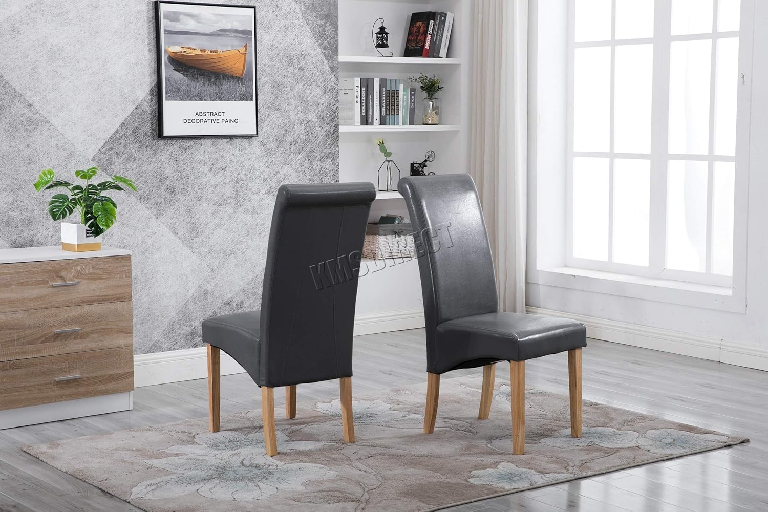 Westwood Furniture Set Of 6 Premium Grey Faux Leather Dining Chairs Roll Top Scroll High Back With Solid Wood Legs Foam Padded Seat Contemporary Modern Look Dining Chairs Dining Room Furniture Organideia Pt