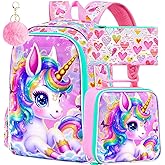 AGSDON 3PCS Unicorn Backpack for Girls, 16" Kids Backpacks for Girl Water Resistant Preschool, Elementary Bookbag with Lunch Box