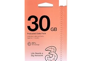 Three UK New PrePaid Europe (UK Three) SIM Card 30GB Data Unlimited Minutes/Texts for 30 Days with Free Roaming/USE in 71 Destinations Including Europe, South America and Australia (30GB)